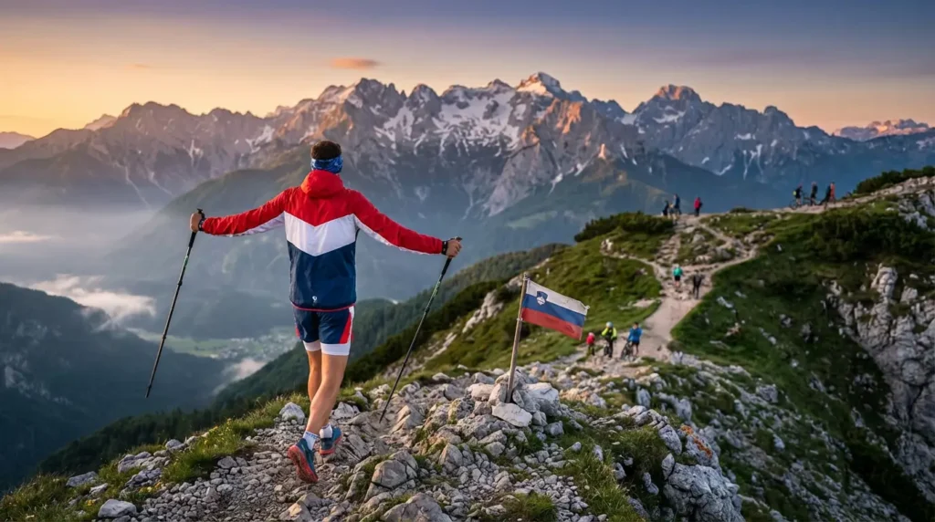 Rekreativni pohodnik v slovenskih barvah na gorskem grebenu z razgledom na Alpe, simbol dneva slovenskega športa in aktivnega življenjskega sloga.