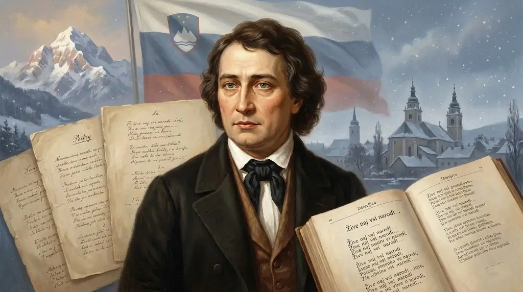 Umetniški portret Franceta Prešerna v slogu 19. stoletja z rokopisom Zdravljice, v ozadju Triglav in silhueta stare Ljubljane v zimskem vzdušju.