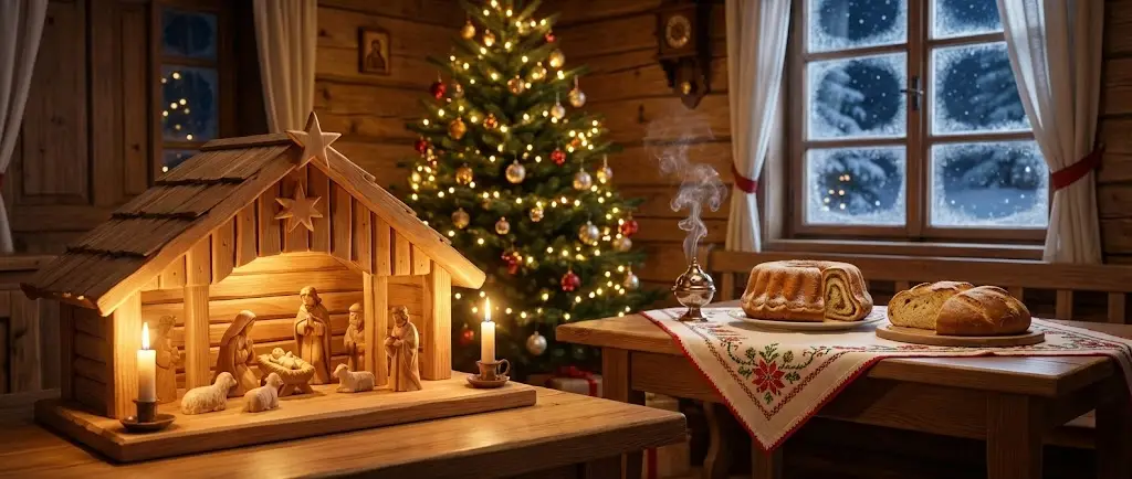 Topel večerni prizor tradicionalnega slovenskega božiča v kmečki izbi. V ospredju na levi je lesena maketa jaslic, osvetljena s svečami. Na mizi desno, pogrnjeni z vezenim prtom, sta potica in poprtnik (božični kruh) ter kadilnica. V ozadju stoji okrašeno božično drevo z lučkami. Skozi zasneženo okno se vidi zimski večer. Vzdušje je mirno in praznično.