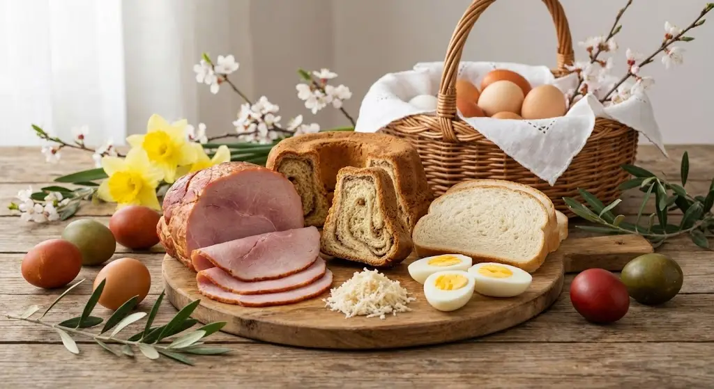 Tradicionalni slovenski velikonočni zajtrk s potico, šunko, pirhi, kruhom in hrenom