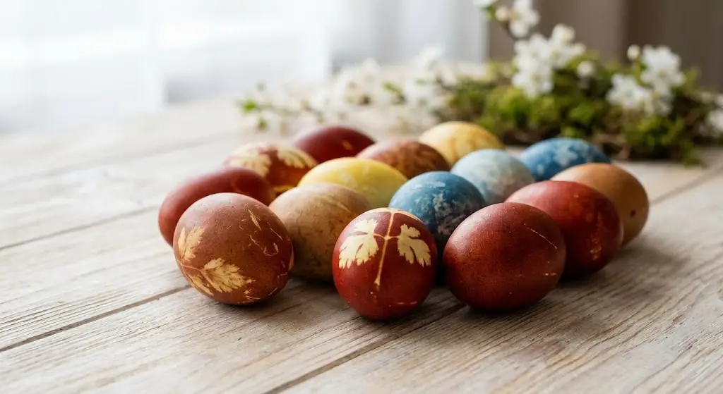 Tradicionalni slovenski pirhi na leseni mizi ob velikonočnem ponedeljku