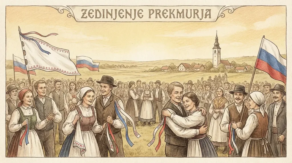 Ilustracija množičnega zborovanja ob združitvi Prekmurja z matičnim narodom leta 1919, z ljudmi v prekmurskih oblačilih, slovenskimi narodni trobojnicami brez grba in prekmursko pokrajino v ozadju. Če želiš, lahko pripravim tudi: