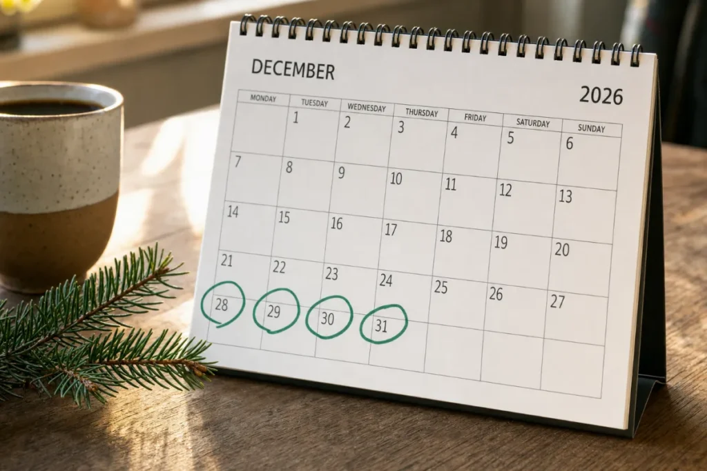 Koledar december 2026 s štirimi označenimi dnevi dopusta med božičem in novim letom