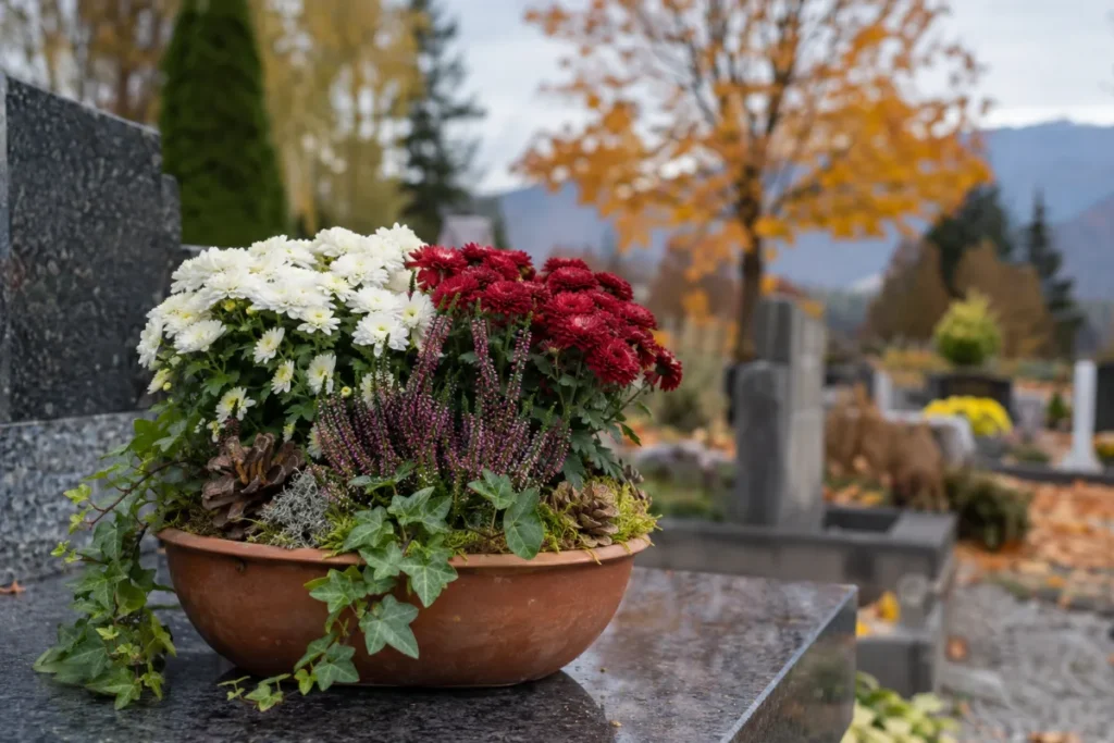 Domača ikebana za grob s krizantemami, reso in mahom