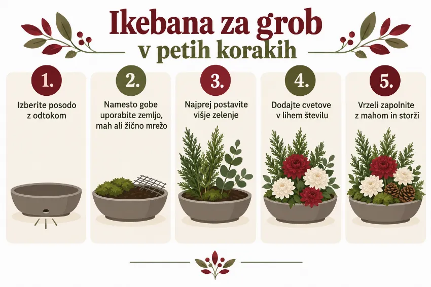 Postopek izdelave ikebane za grob v petih korakih