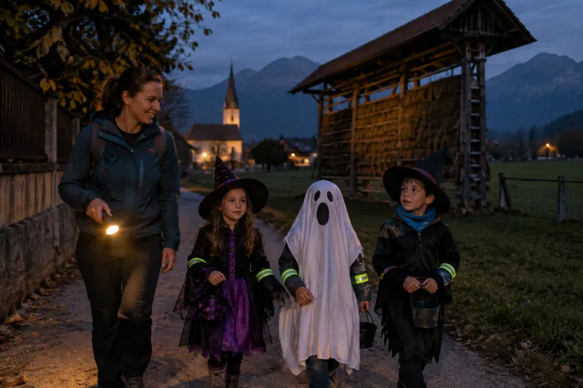 Otroci v kostumih med obhodom po soseski na noč čarovnic