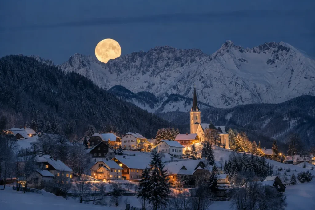 Polna luna nad zasneženo vasjo na sveti večer 2026