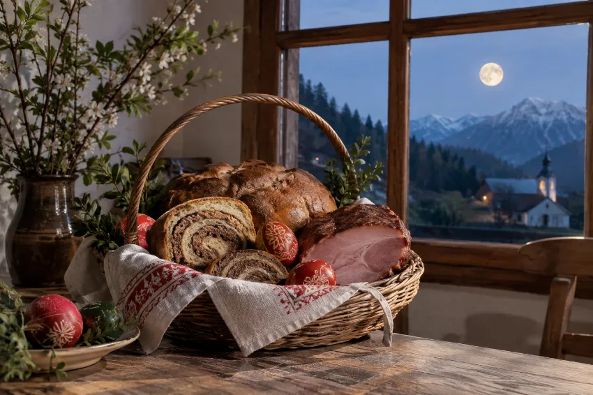 Velikonočni žegen ob oknu, za katerim sveti polna luna