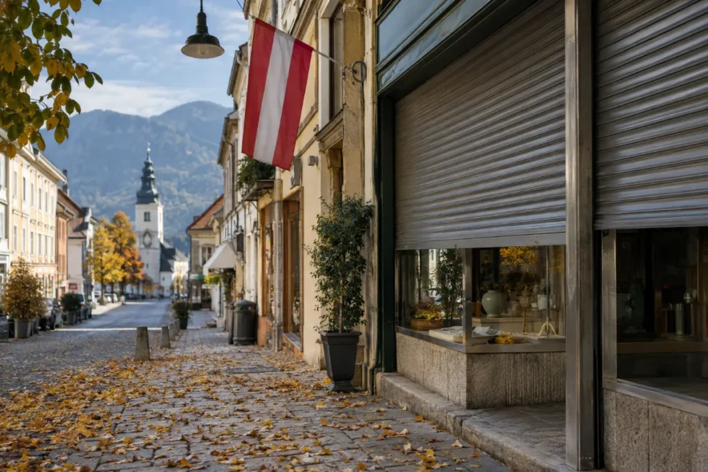 Zaprta trgovina v avstrijskem mestu na državni praznik