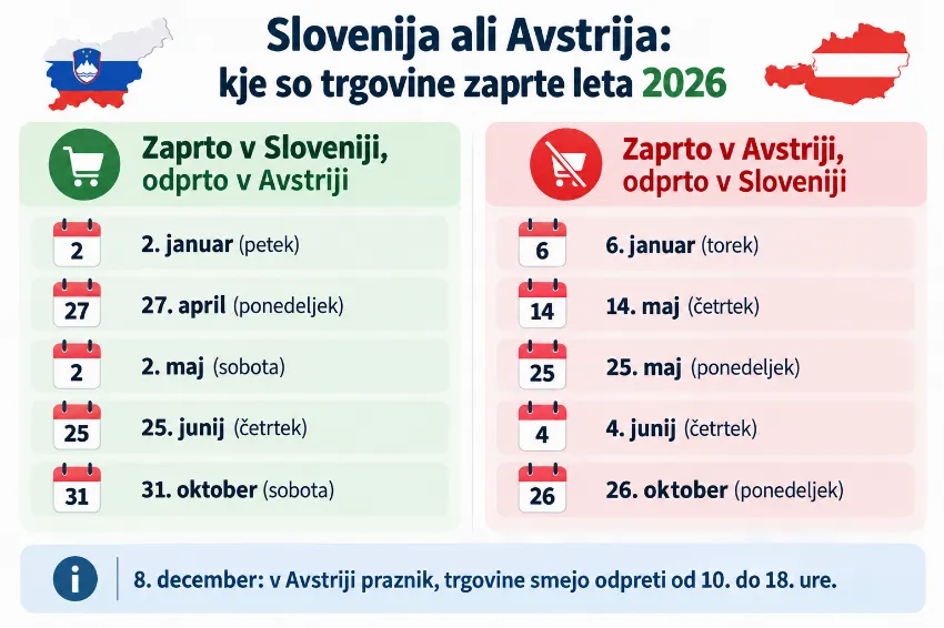 Primerjava dni, ko so trgovine zaprte v Sloveniji in Avstriji leta 2026