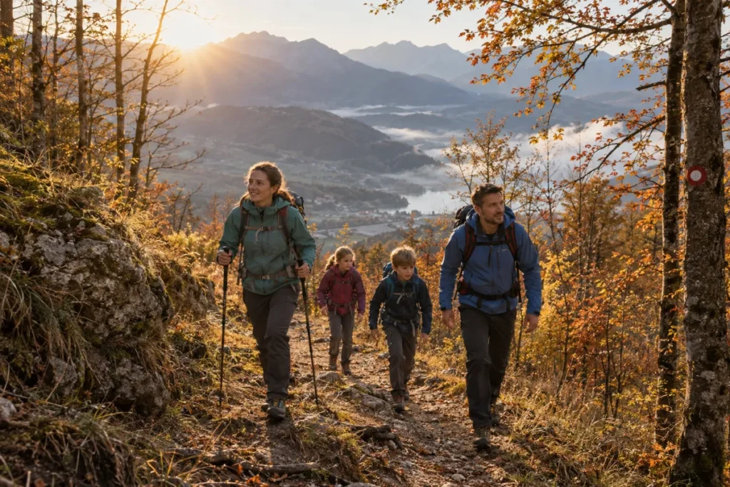 Družina na jesenskem izletu pred sončnim zahodom