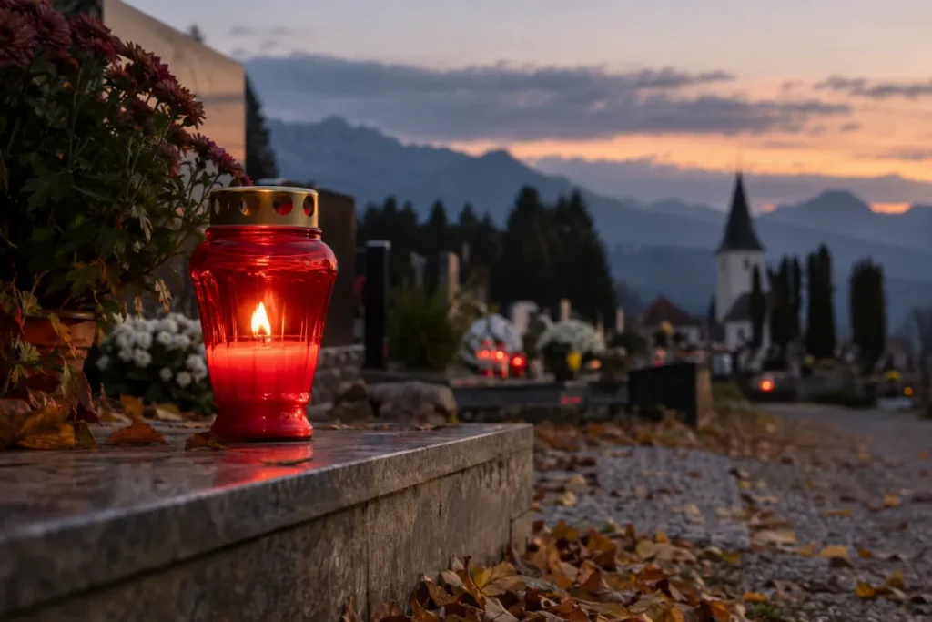 Prižgana nagrobna sveča na grobu ob 1. novembru