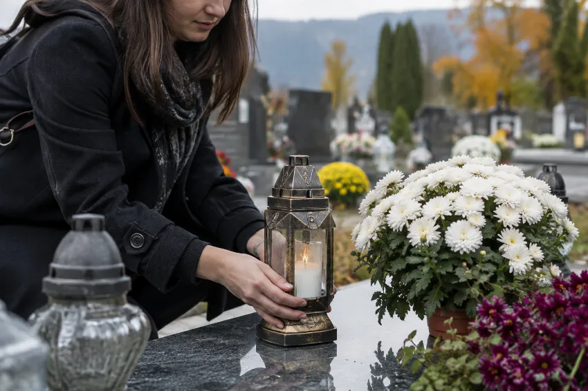 Polnilna nagrobna sveča z voščenim vložkom na grobu