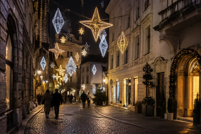 Praznična okrasitev z zvezdami in kristali nad ulico starega mesta