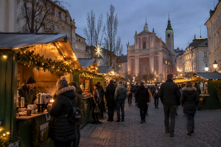 Praznični sejem z zelenimi hiškami v Ljubljani